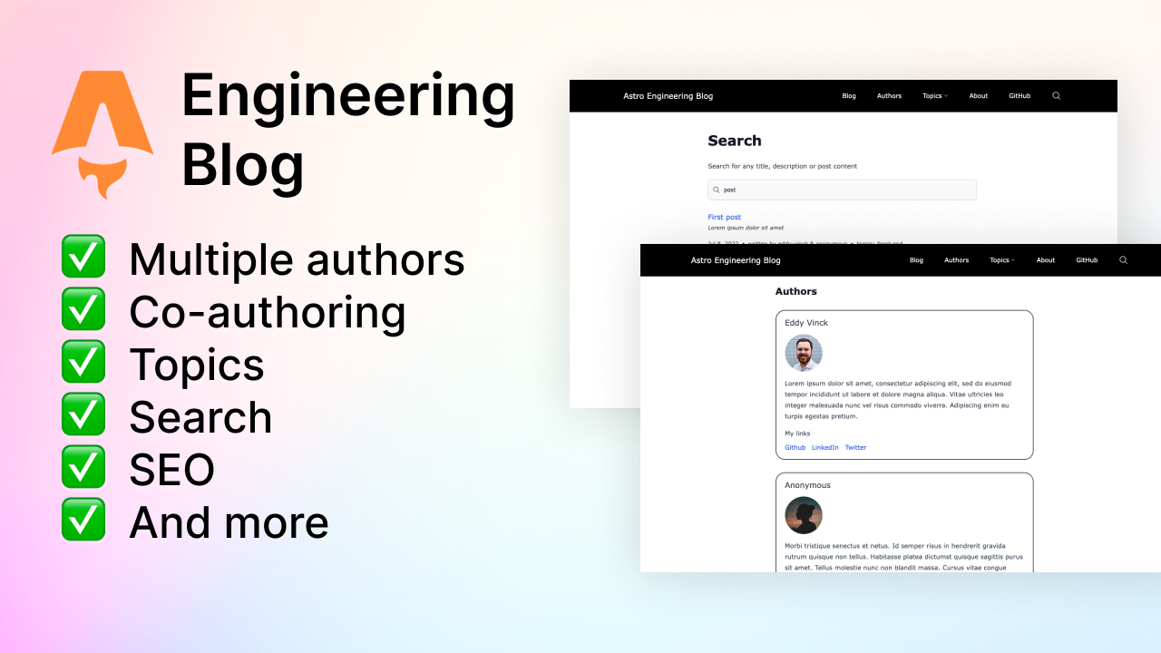 Astro Engineering Blog template features: multiple authors, co-authoring, topics, search, SEO, and more.