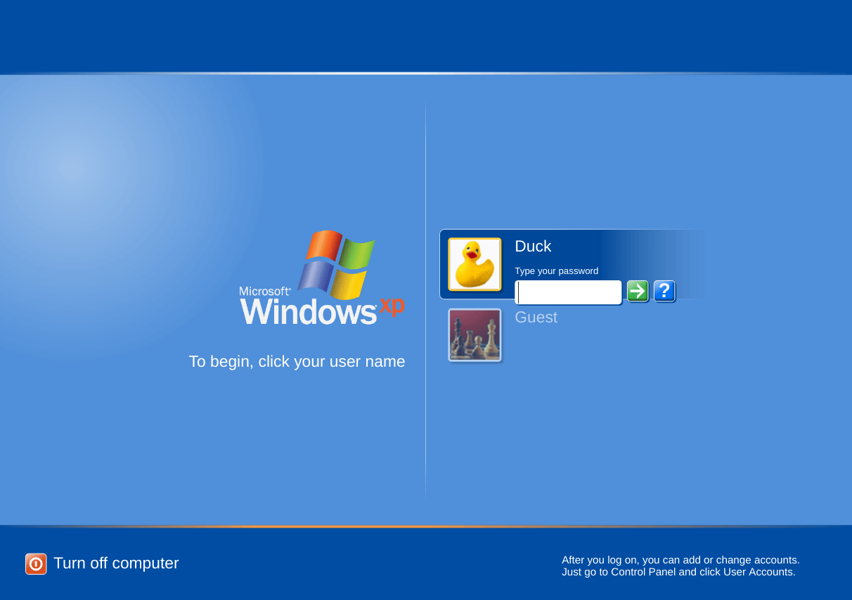The Windows XP login screen